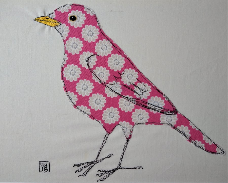Pink Floral Blackbird Embroidered Portrait