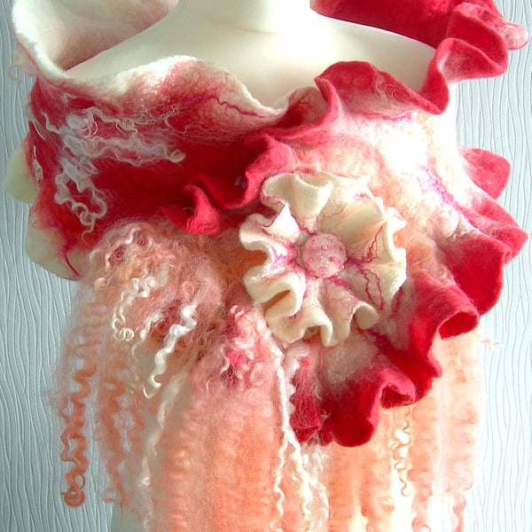 Hand Felted, Wool Jewelry scarf-100% WOOL MERINO-CORAL DELIGHT-
