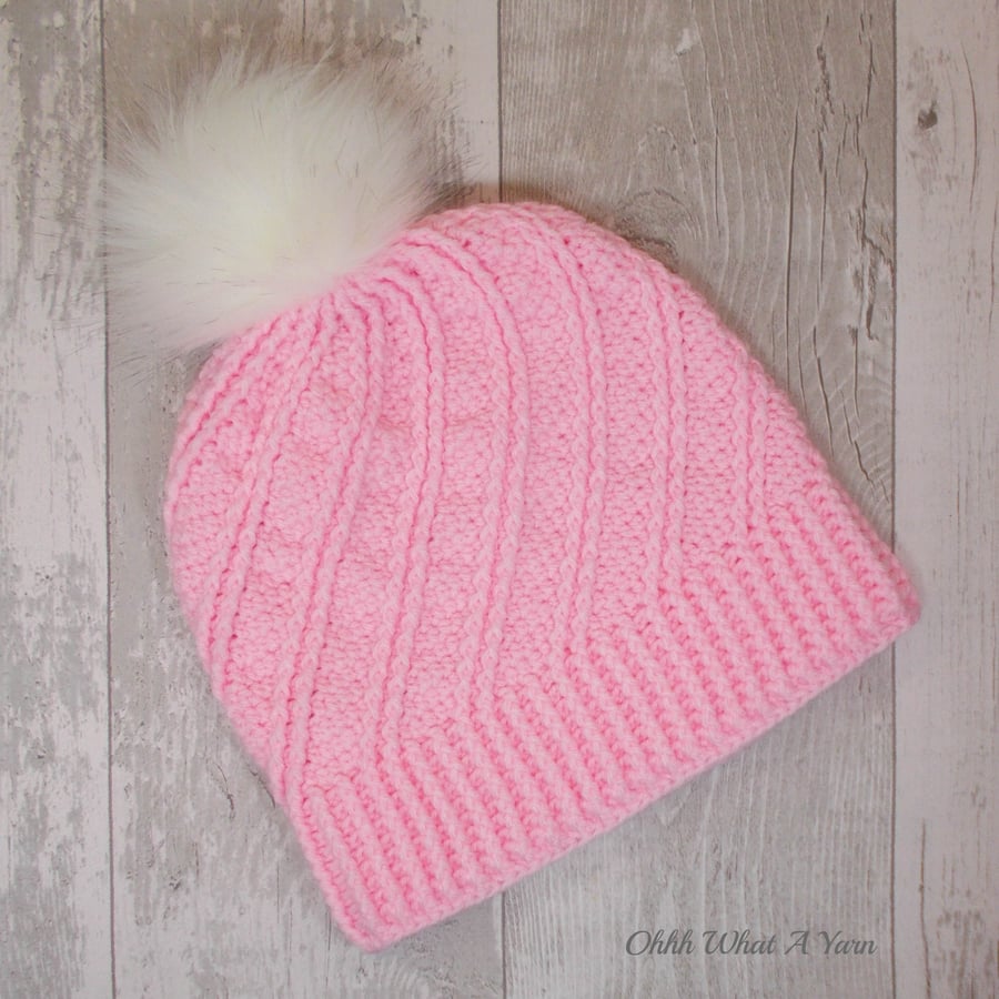 Pastel pink ladies swirl pom pom hat. Crochet hat. Ladies hat.