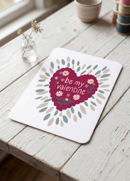 Be My Valentine Illustrated Postcard - Note Card – A6 Folk Heart Design