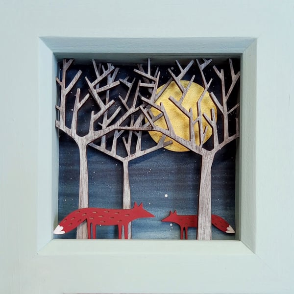 Fox & Cub Picture, Folk Art, Forest Diorama, Enchanted Forest, Woodland Picture