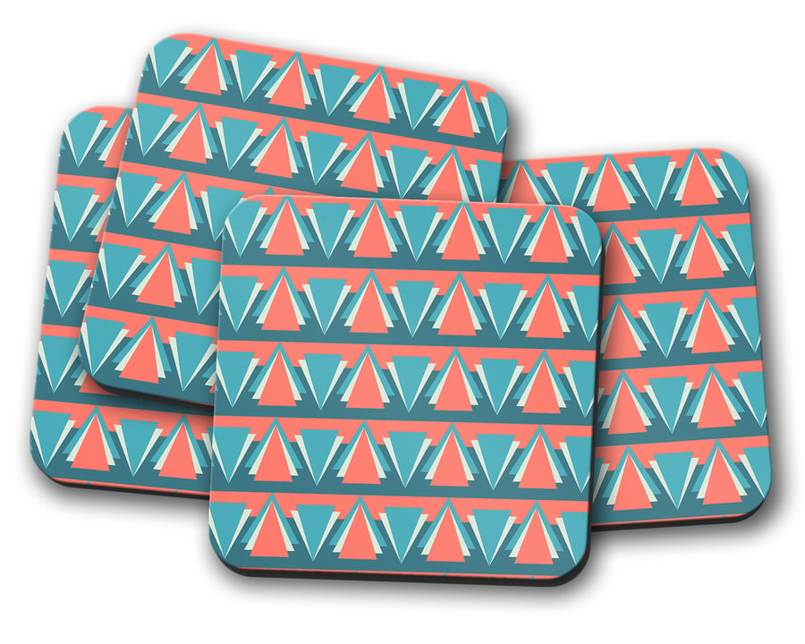 Set of 4 Blue and Red Art Deco Design Coasters
