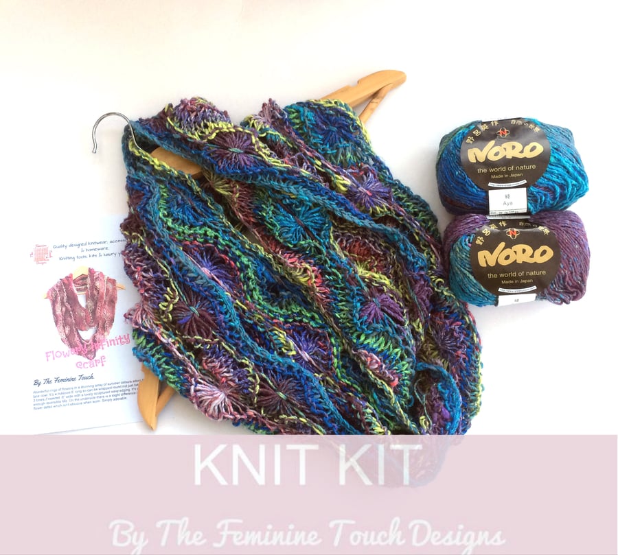 Knitting kit for flowery infinity scarf PINK ONLY
