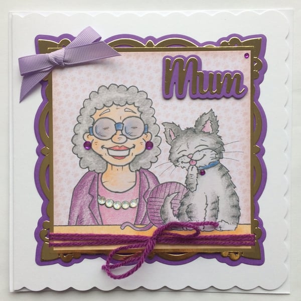 Mum Card Knitting Crochet Cat Birthday Mother's Day or Any Occasion