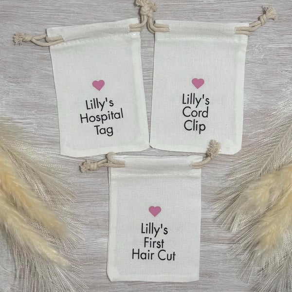 Personalised Baby Keepsake Bag, First Haircut, Cord Clip, Hospital Tag
