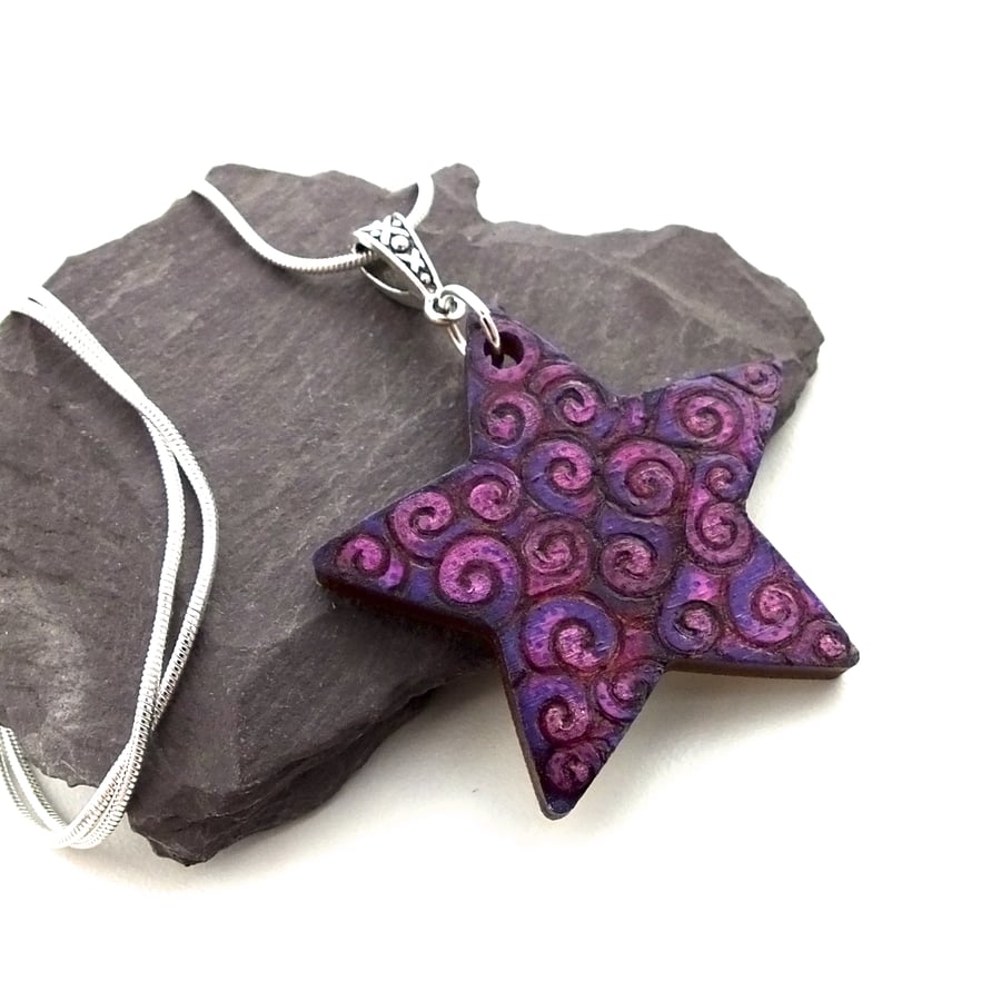 Pink and Purple Boho Hand Burned and Coloured Pyrography Pendant