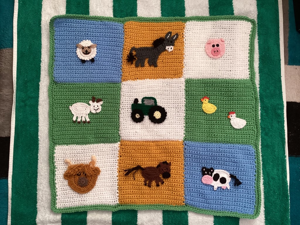 Hand Crochet Unique Baby or Toddler Farm Blanket with appliqués animal 21" x 21"
