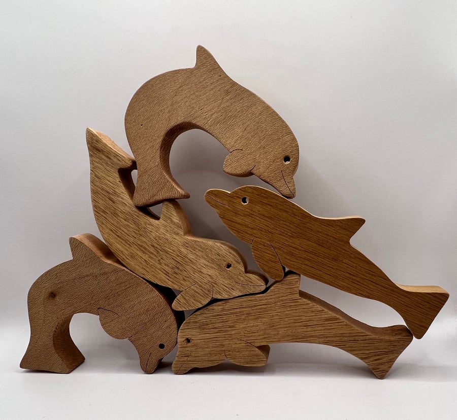 Handcrafted Wooden Stacking Dolphins, Set of 5
