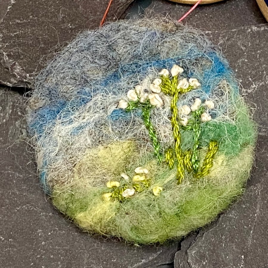 brooch - snowdrops, textile brooch needle felt, hand embroidery, free postage.