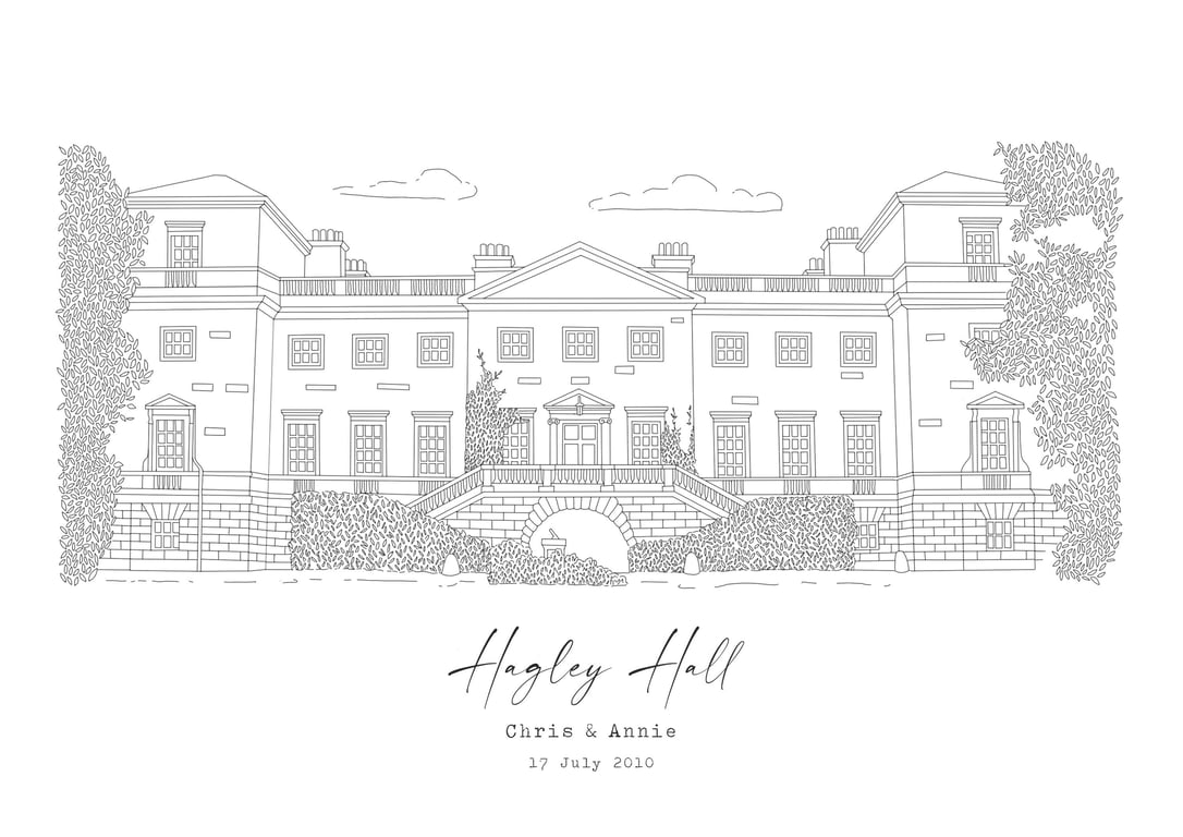 Hagley Hall - Hand Drawn Wedding Venue Print, Wedding Gift, (DIGITAL)