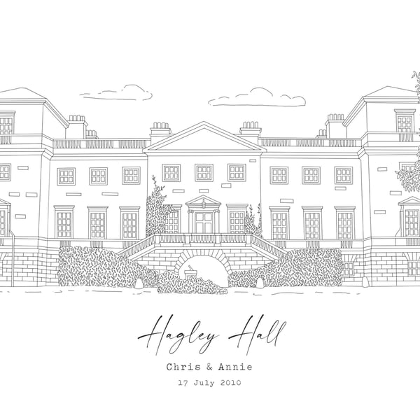 Hagley Hall - Hand Drawn Wedding Venue Print, Wedding Gift, (DIGITAL)