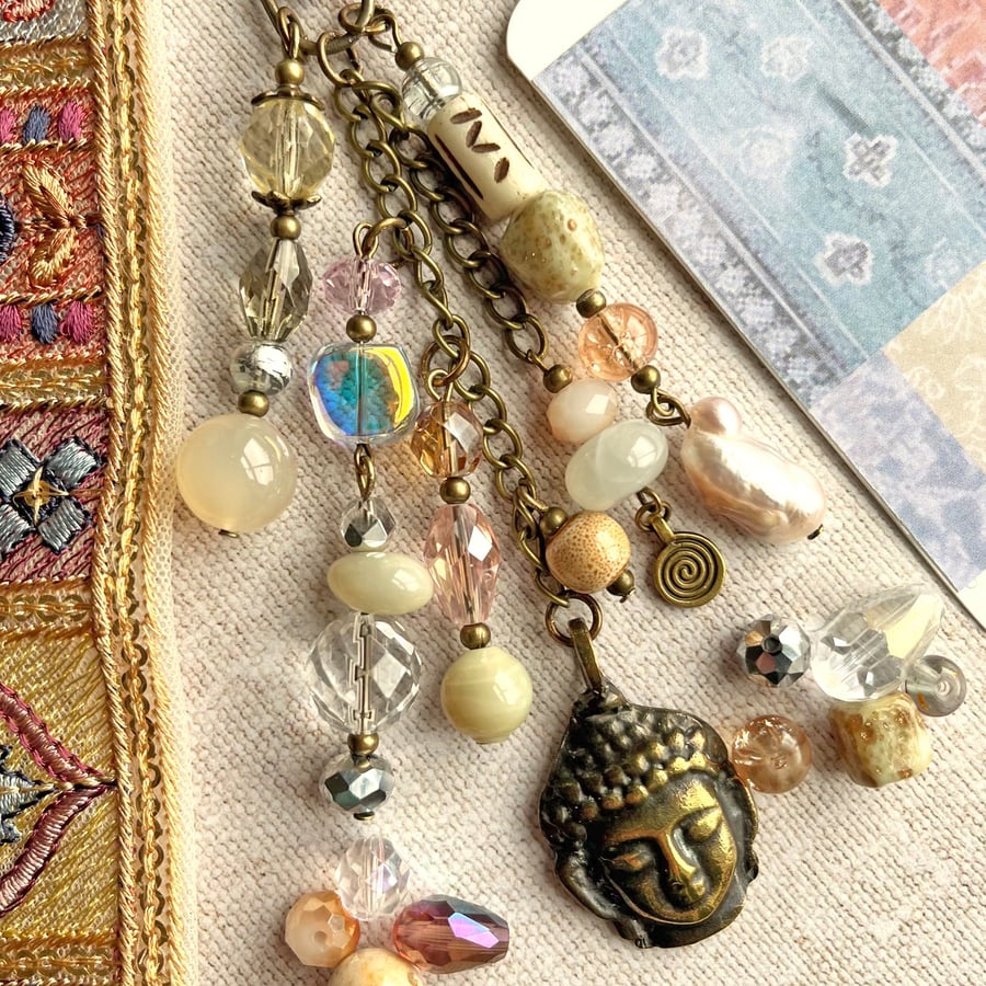 June birthstone bag charm, pearl and moonstone boho-glam bag charm