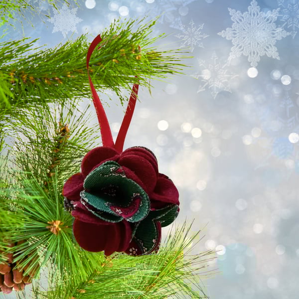 Green Fabric Flower Christmas Bauble, Tree Decoration