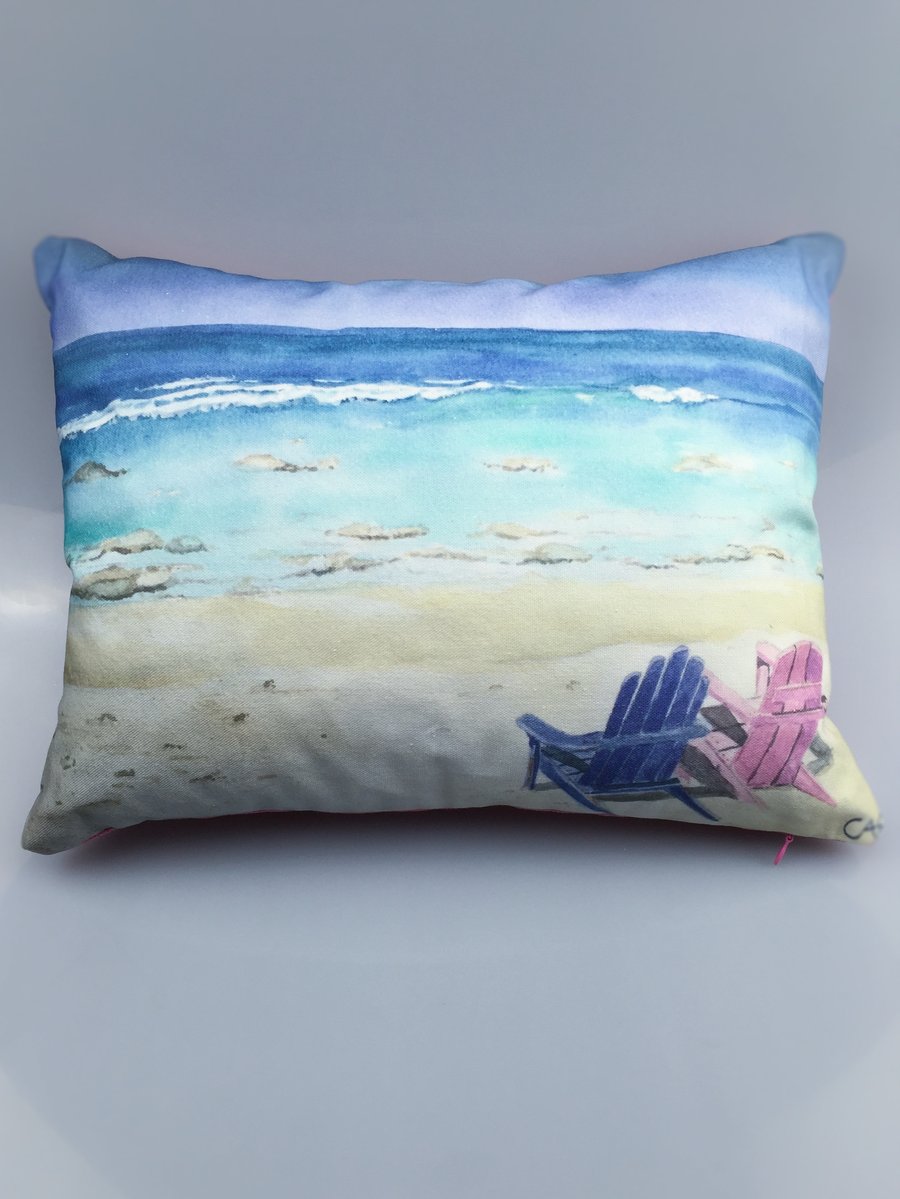 Handmade Original Watercolour Florida Beach Design Cushion
