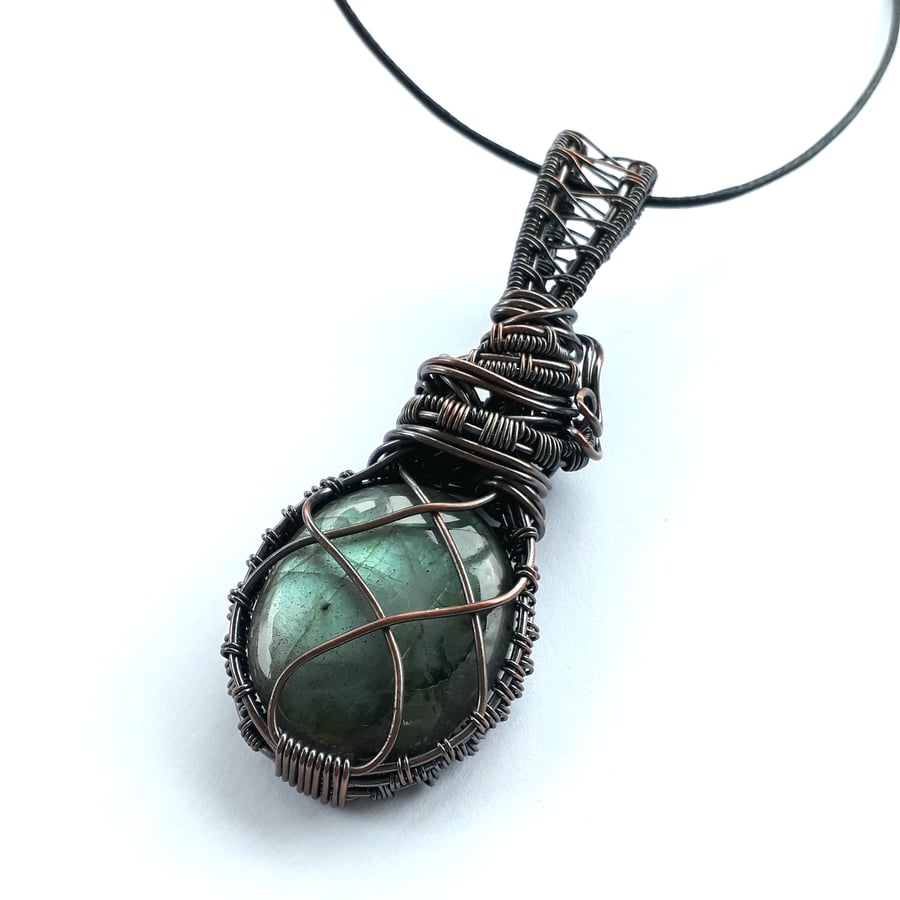 Medieval copper wire wrapped oxidised flash green Labradorite Cabochon pendant 
