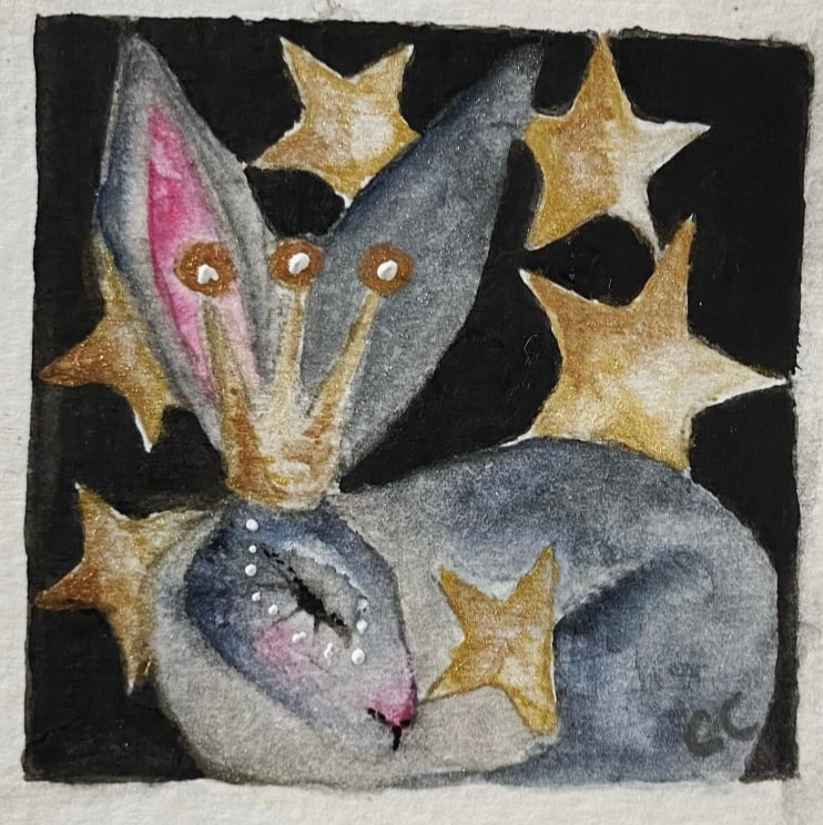 Mounted Original Watercolour Whimsical Hare Rabbit with Mushrooms under the Moon