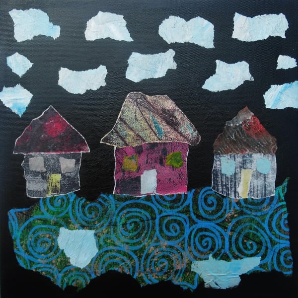 Abstract Cottages Painting Naive Houses Mixed Media 8 x 8 Architecture Art