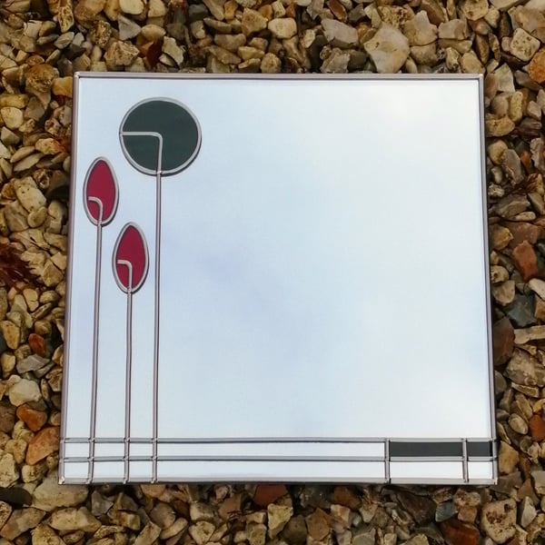 30cm Square Art Nouveau Wall Mirror in rich ruby and fern green colours