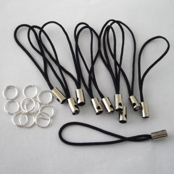 50 x Black Phone Charm Cords & Split Rings