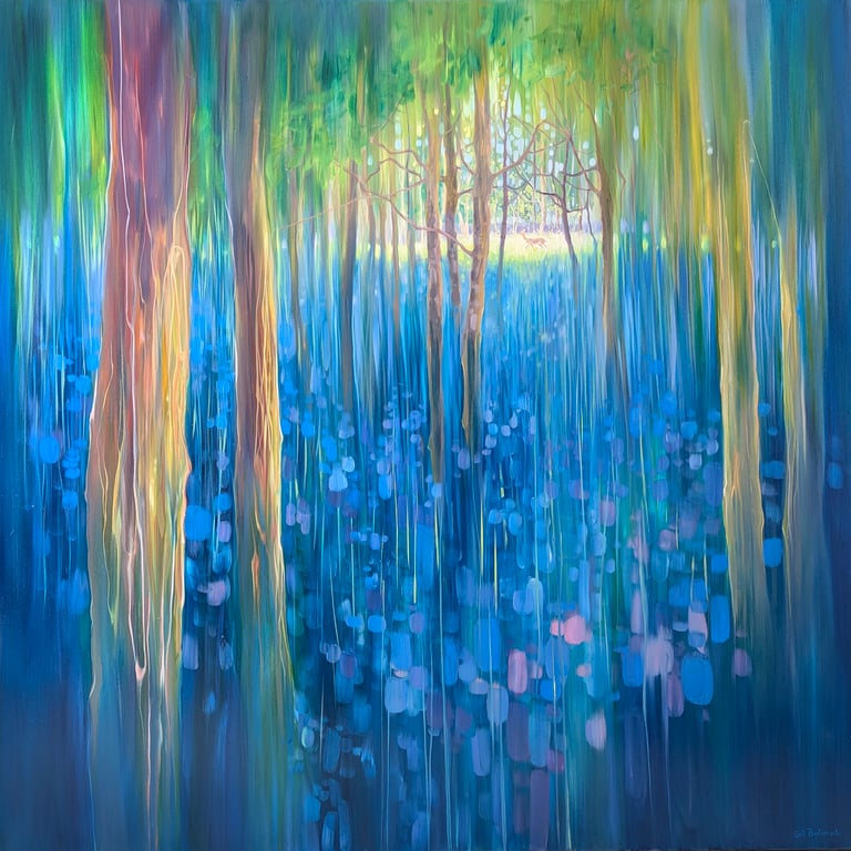 The Shapeshifter is a semi-abstract bluebell wood painting with a roe deer