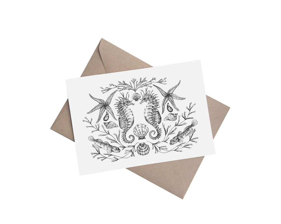 Coastal Symmetry - Seahorses: A5 Blank Greetings Card 