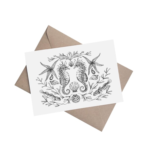 Coastal Symmetry - Seahorses: A5 Blank Greetings Card 