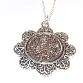Floral Pendant 1964 Lucky sixpence 60th Birthday plus a Sterling Silver 18in Cha