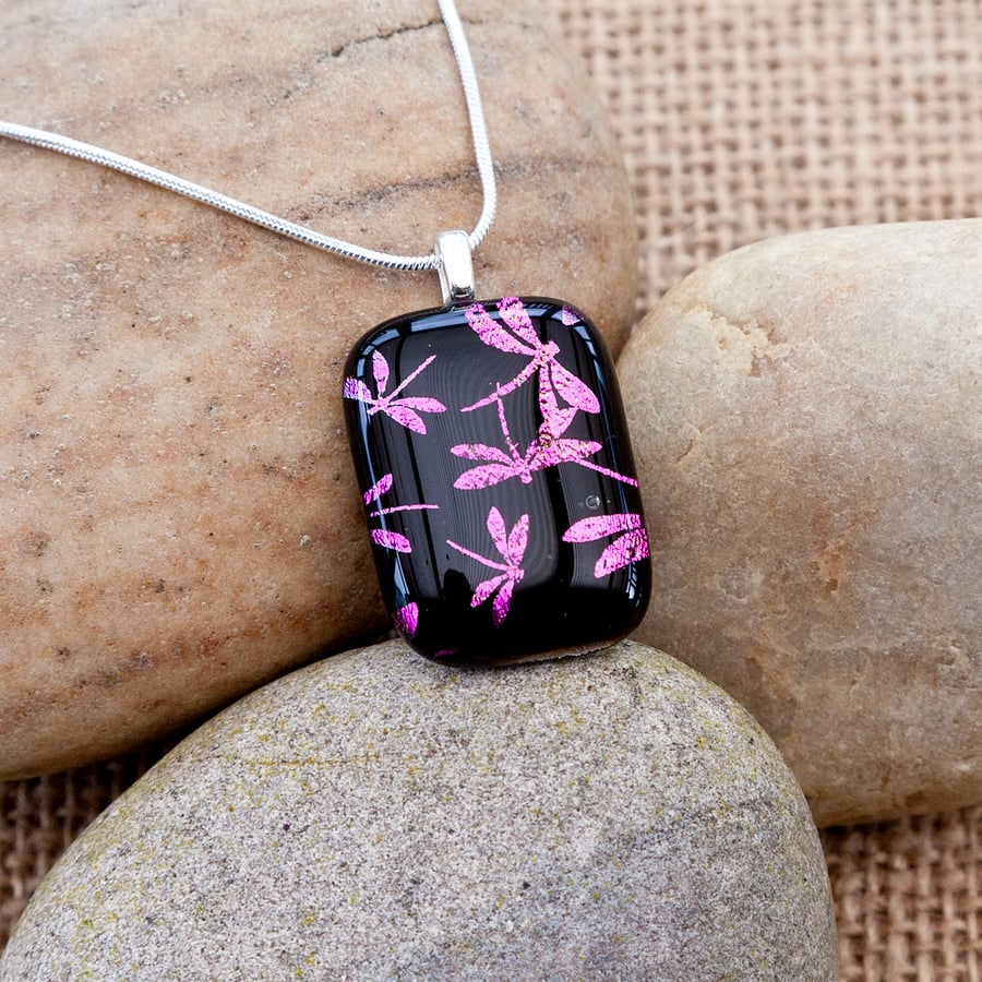 Pink Dragonfly Etched Dichroic Fused Glass Pendant