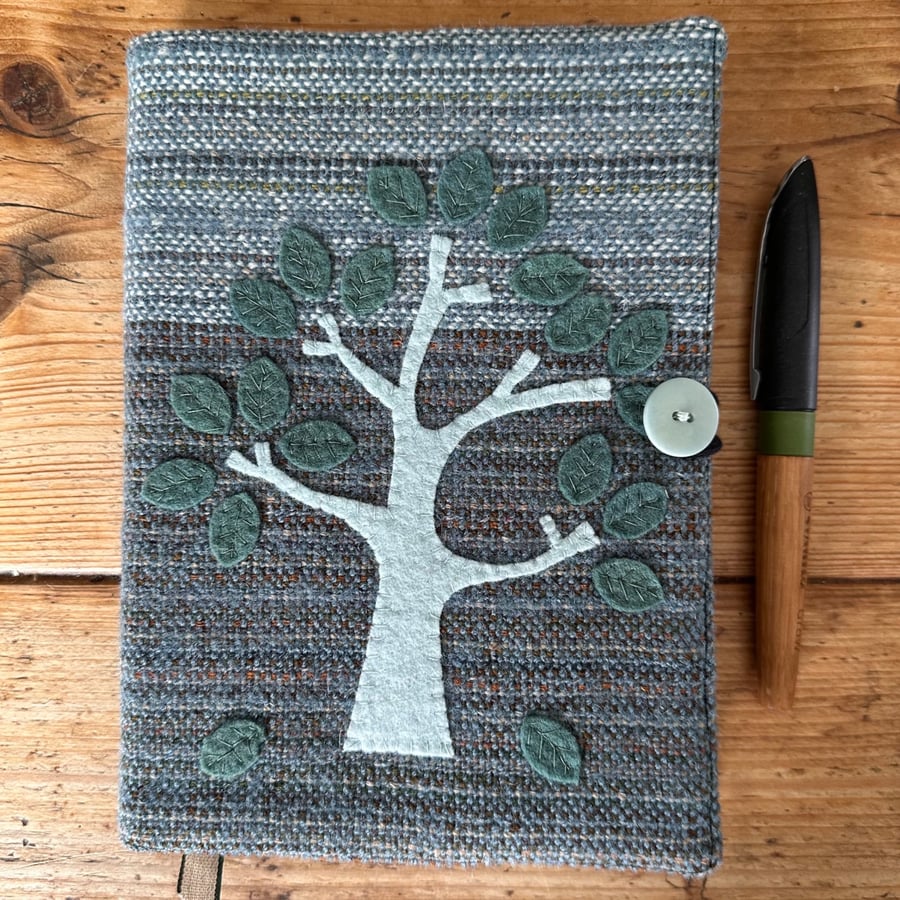 Image of Notebook & Journal Cover with Hand Stitched Tree in Felt & Vintage Welsh Tweed 