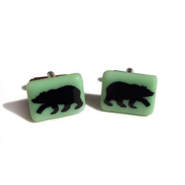 Black Bear Cuff Links Fused Glass with Screen Printed Kiln Fired Enamel