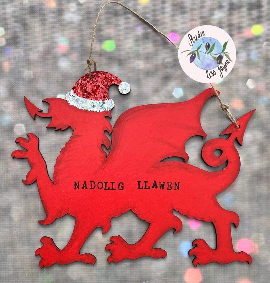 Nadolig Llawen Welsh Dragon Hanging Sign
