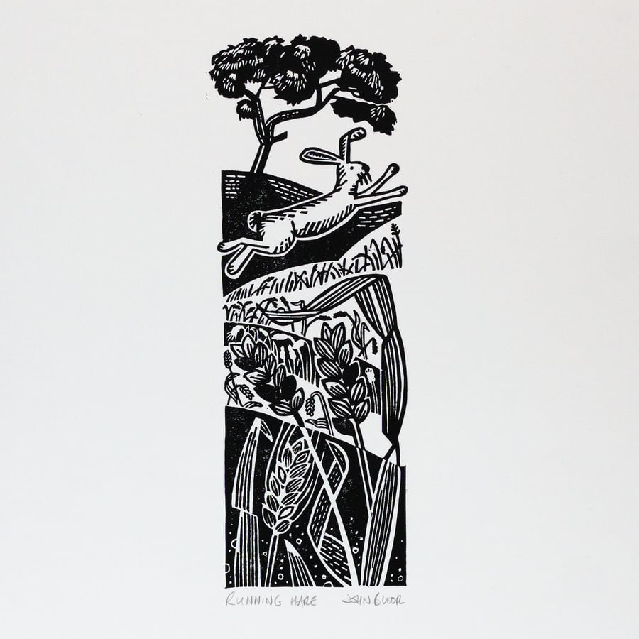 "Running Hare" lino print, bunny running across fields linocut