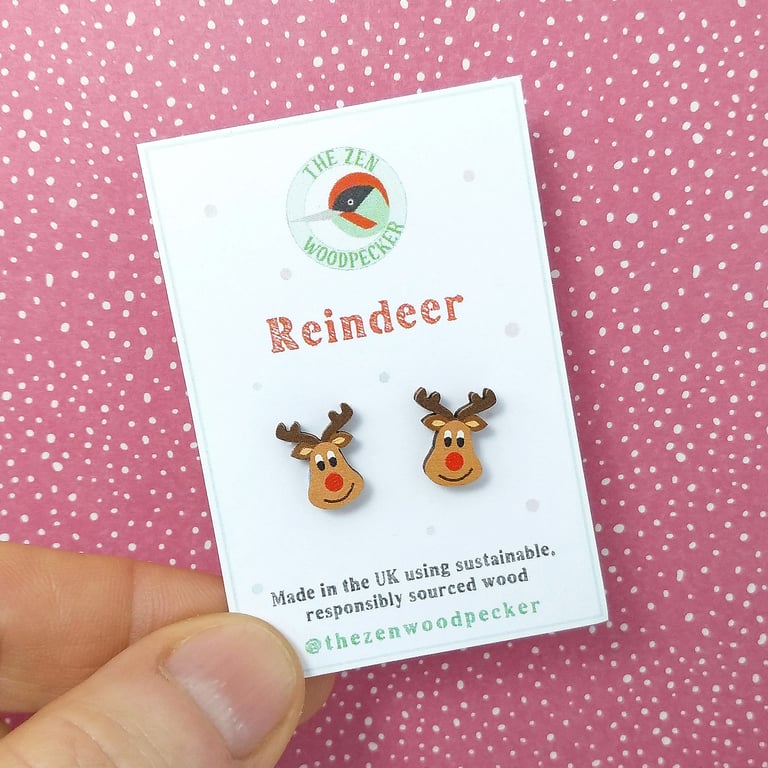 Rudolph Earrings, Reindeer Studs, Silver Plated or Sterling Silver Backs