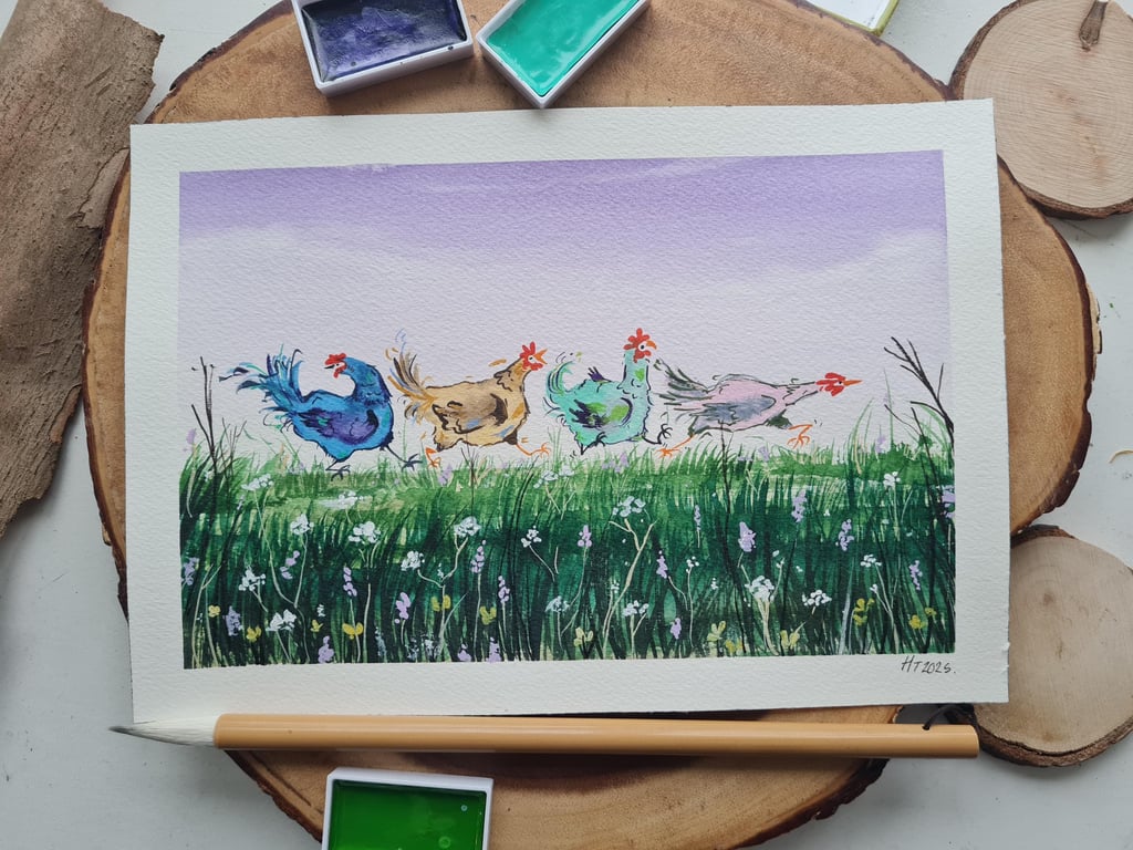 Hand Painted silly fun Chicken Watercolor Art: Chickens on the run!