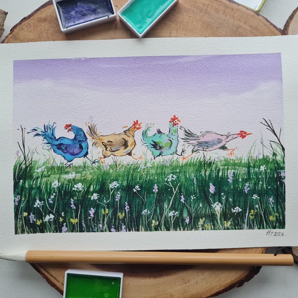 Hand Painted silly fun Chicken Watercolor Art: Chickens on the run!