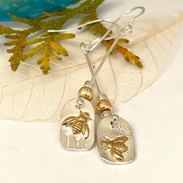 Bee Meadow Earrings Copper & Silver mismatched asymetrical  Dangle & Drop