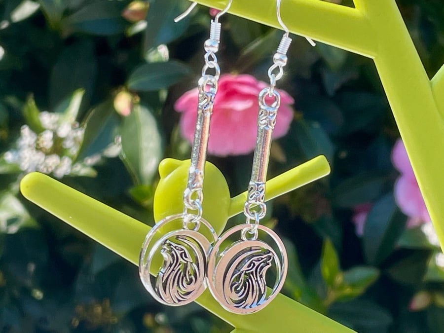 WOLF EARRINGS silver plate drop bar charm hippie boho celtic