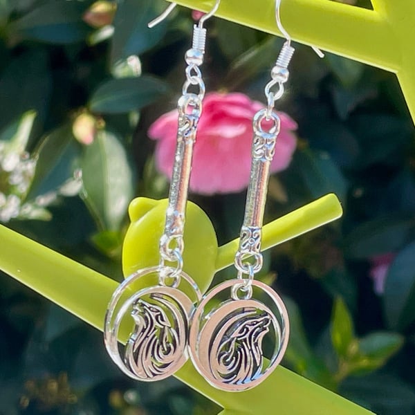 WOLF EARRINGS silver plate drop bar charm hippie boho celtic