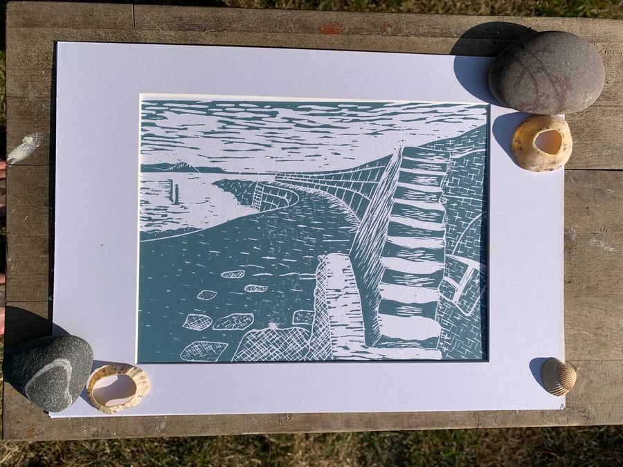 Original Lino print of the Cobb at Lyme Regis