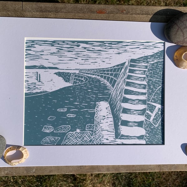 Original Lino print of the Cobb at Lyme Regis