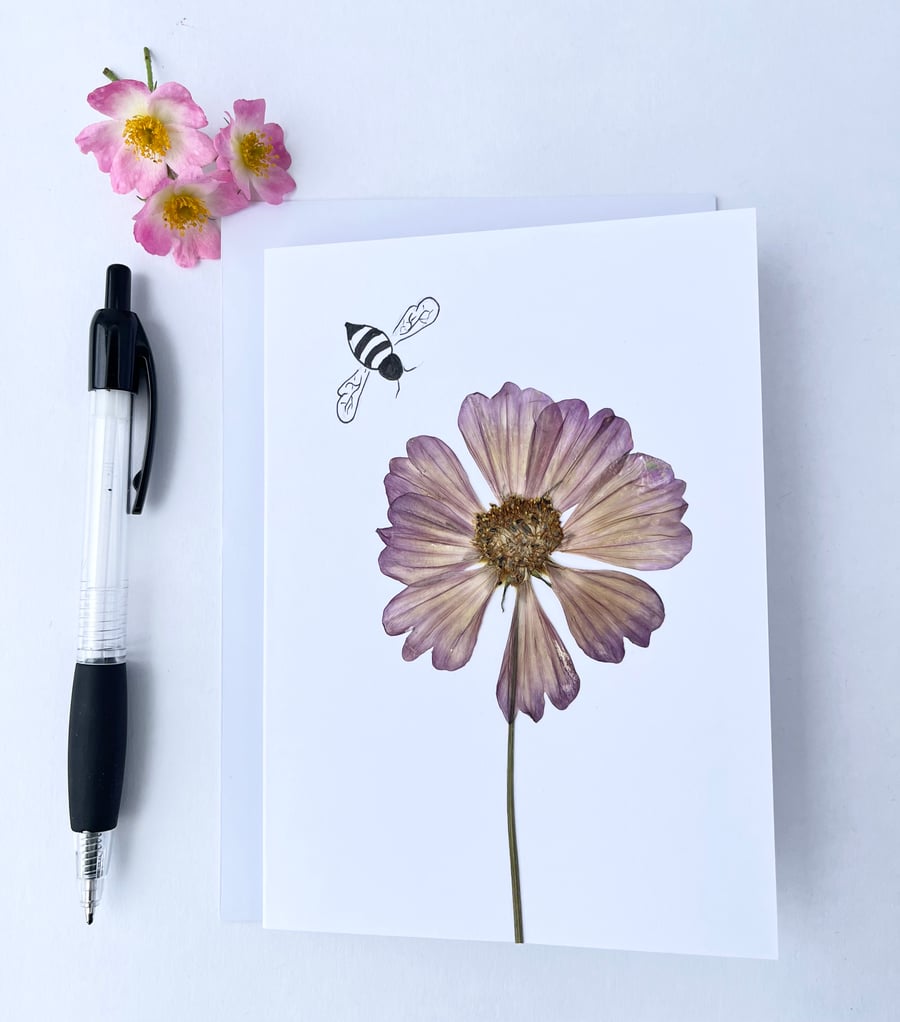 Handmade Real Pressed Flower Cosmos and Bee Greeting Card