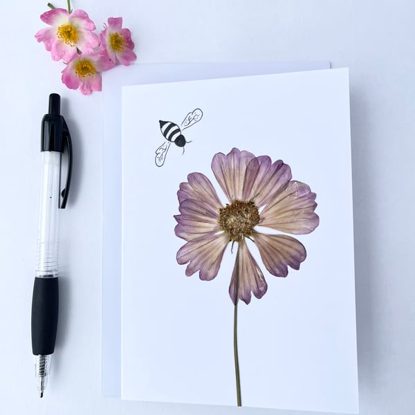 Handmade Real Pressed Flower Cosmos and Bee Greeting Card