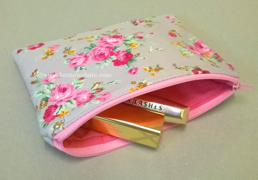 Make up bag in grey with pink flowers, lined in pink, free postage in the UK