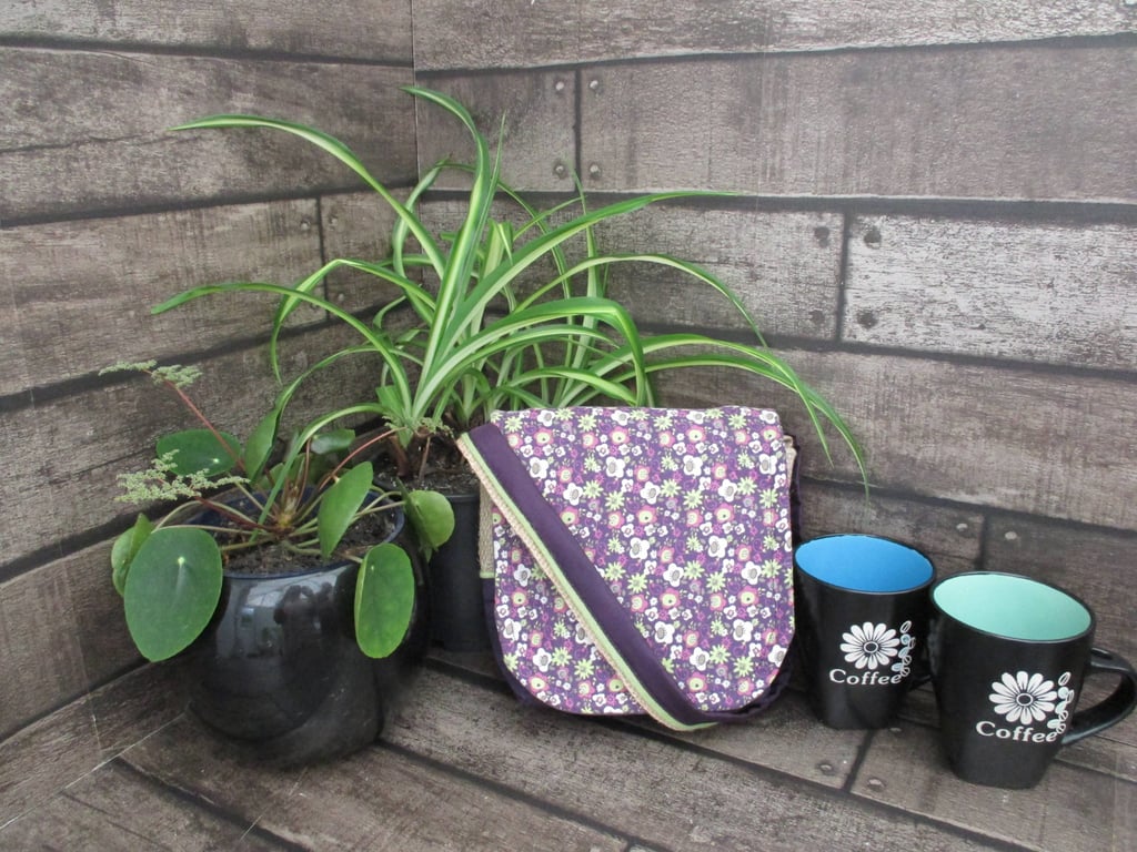 Upcycled Coffee Sack - Mini Shoulder Bag - Purple floral