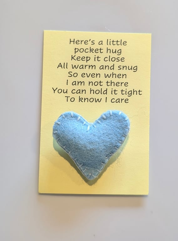 Handmade handsewn felt mini heart shaped pocket hug blue