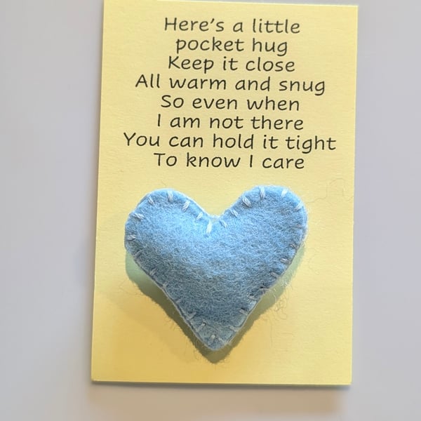 Handmade handsewn felt mini heart shaped pocket hug blue