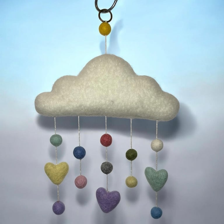 Large Felted Cloud with pastel felt balls and hearts, nursery decor