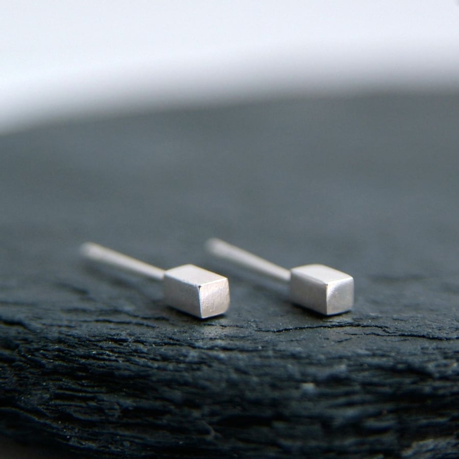 silver cuboid stud earrings, little everyday ea... - Folksy