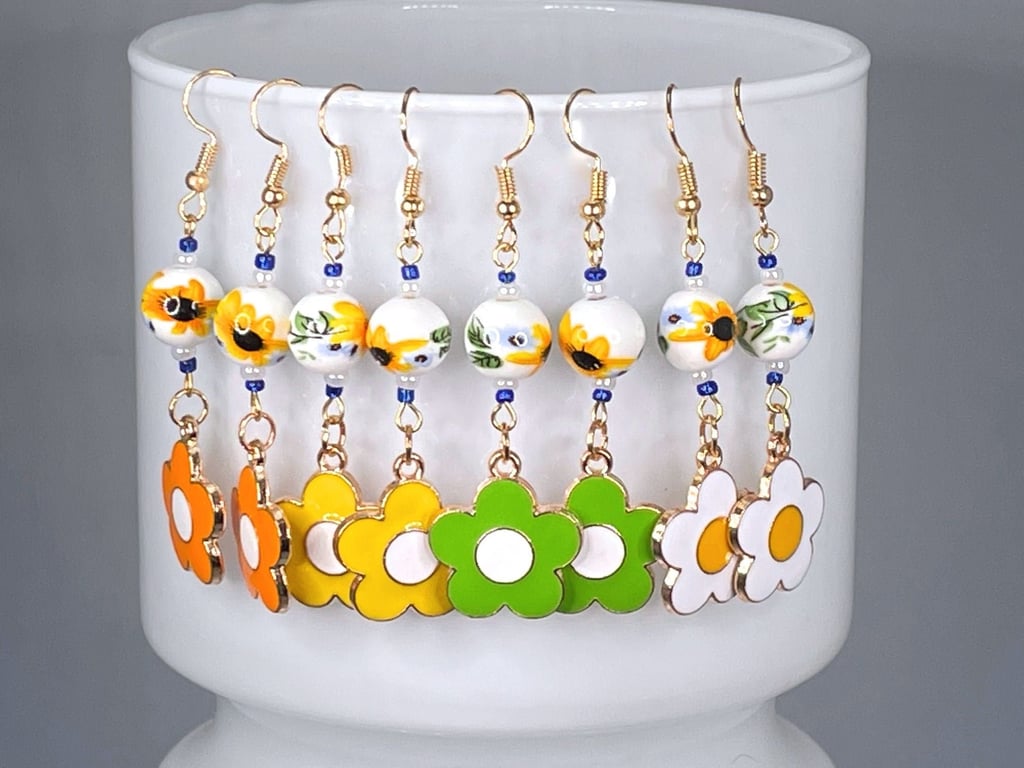 ENAMEL FLORAL EARRINGS flower retro various colours gold plated ceramic