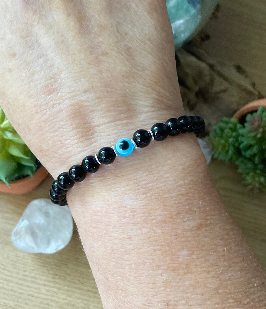 Evil Eye Protection, Black Tourmaline 6mm Beaded Bracelet